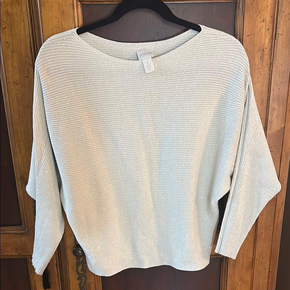 Chicos Cream & Gold Ribbed Boatneck Pullover